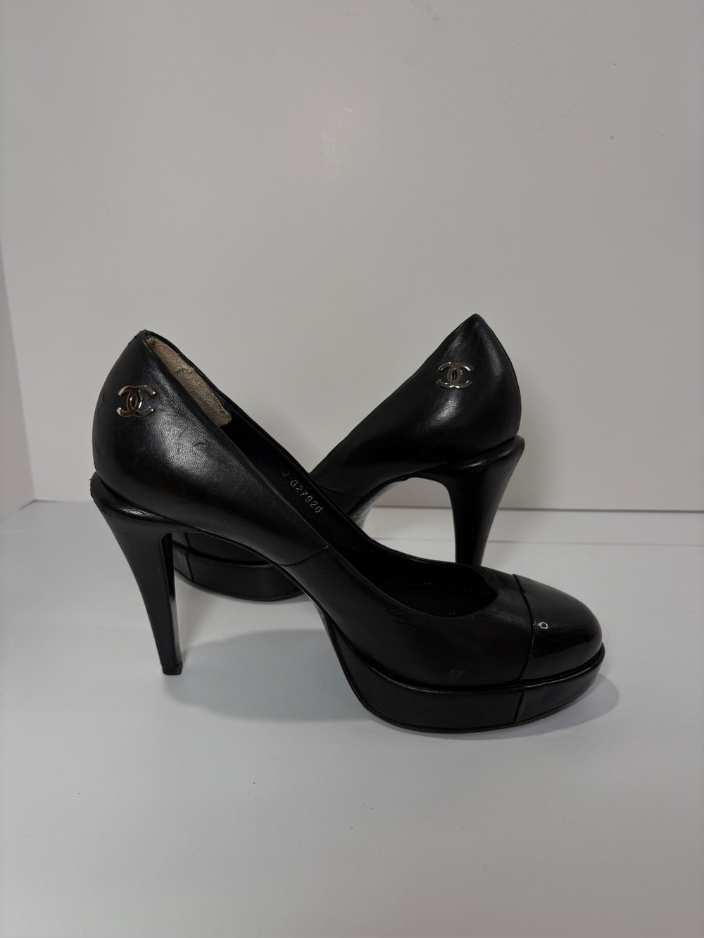 CHANEL Black Leather Platform Pump Heels with Gold CC Accent